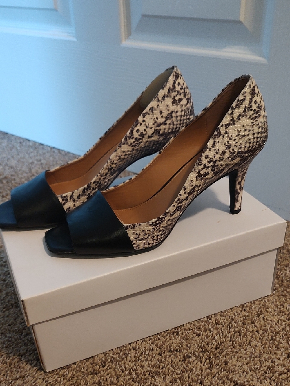 Calvin Klein Black & White Snake-Print Peep-Toe Pumps